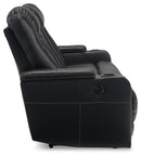 Center Point Black Reclining Sofa with Drop Down Table
